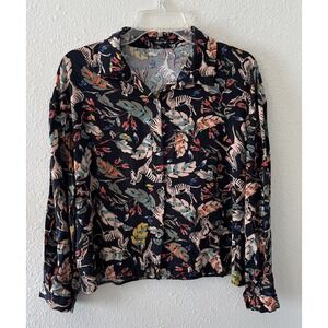 Orfeo Paris Women's Blouse Size S/M Button Up Black Print Cropped Artsy Chic